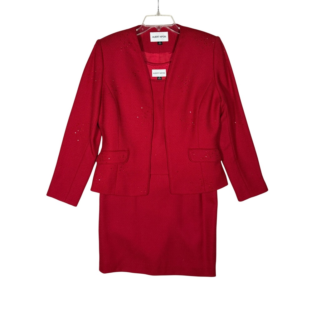 VINTAGE Albert Nipon Women's Size 8 Red 3 Piece Skirt Suit Blazer Pencil Skirt